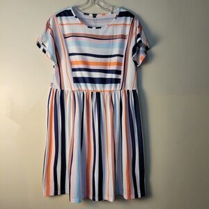 Niloine Womens Striped Empire Waist Babydoll Dress Multi Color Short Sleeve M